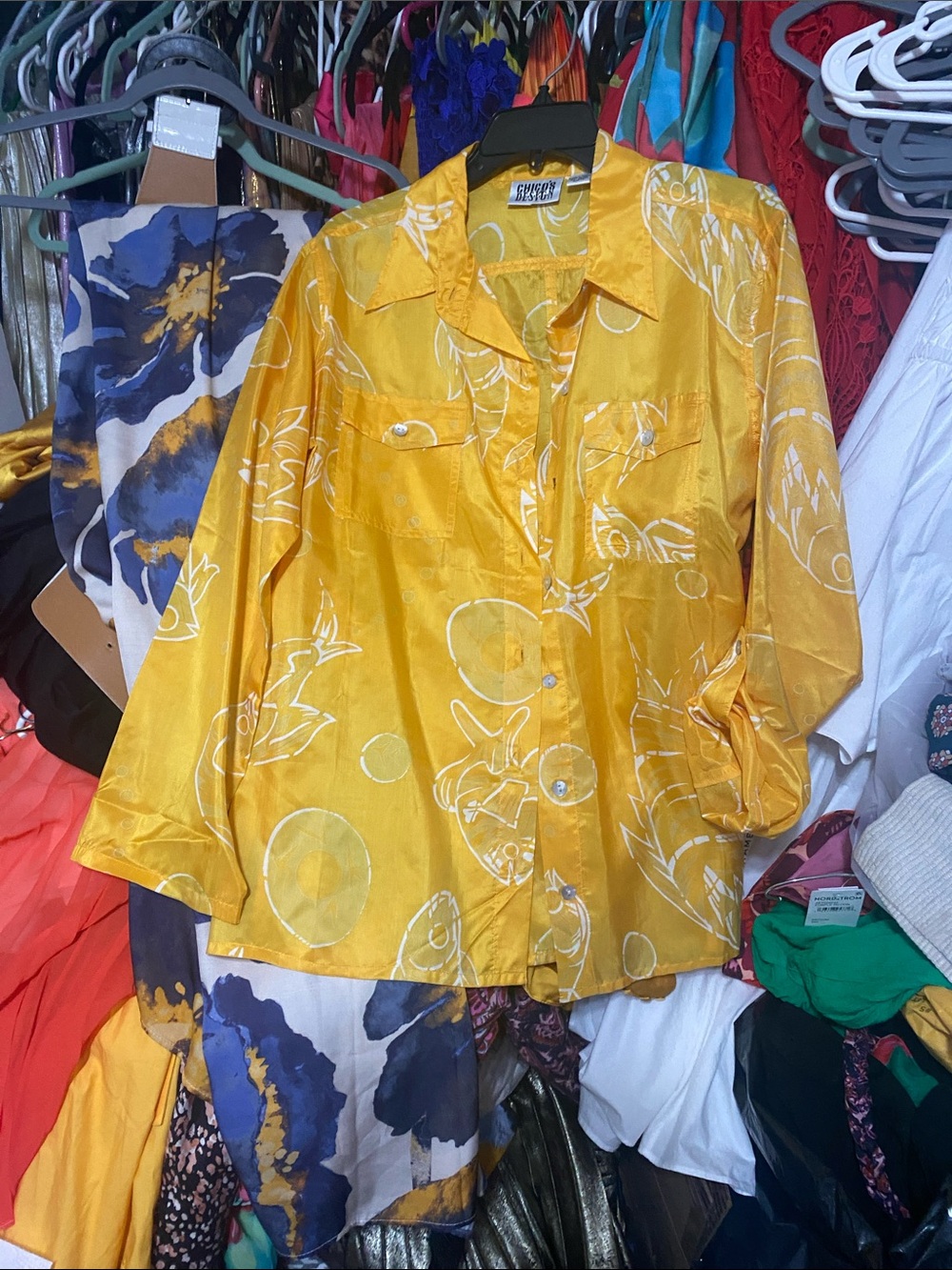 Chico's Yellow Satin Button-Front Shirt with White Print